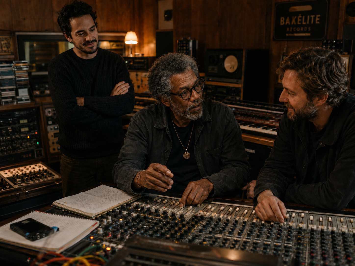 Leon Bishop reviewing a recording with the Bakelite engineering team